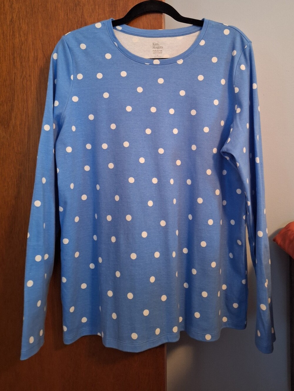 Kim Rogers Light Blue Long-Sleeve Top with White Polka Dots Women's Size L